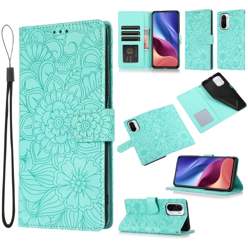 

For Xiaomi Redmi K40 / K40 Pro / Poco F3 Skin Feel Embossed Sunflower Horizontal Flip Leather Case with Holder & Card Slots & Wallet & Lanyard(Green)