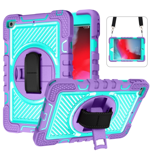 

360 Degree Rotation Contrast Color Shockproof Silicone + PC Case with Holder & Hand Grip Strap & Shoulder Strap For iPad mini (2019) / 4(Purple+Mint Green)