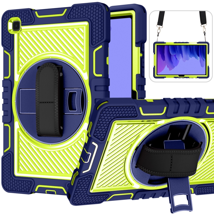 

360 Degree Rotation Contrast Color Shockproof Silicone + PC Case with Holder & Hand Grip Strap & Shoulder Strap For Samsung Galaxy Tab A7 10.4 (2020) T500/T505(Navy Blue+Yellow Green)
