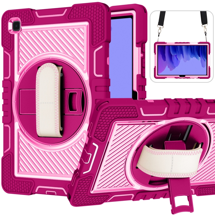 

360 Degree Rotation Contrast Color Shockproof Silicone + PC Case with Holder & Hand Grip Strap & Shoulder Strap For Samsung Galaxy Tab A7 10.4 (2020) T500/T505(Rose Red+Pink)