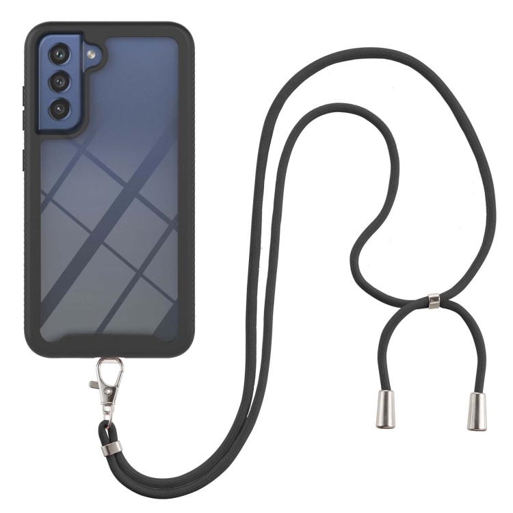 

For Samsung Galaxy S21 FE Starry Sky Solid Color Series Shockproof PC + TPU Protective Case with Neck Strap(Black)