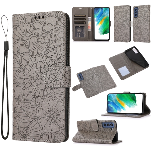 

For Samsung Galaxy S21 FE Skin Feel Embossed Sunflower Horizontal Flip Leather Case with Holder & Card Slots & Wallet & Lanyard(Gray)