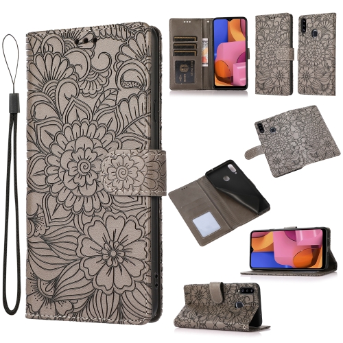 

For Samsung Galaxy A20s Skin Feel Embossed Sunflower Horizontal Flip Leather Case with Holder & Card Slots & Wallet & Lanyard(Gray)