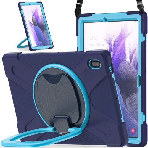 

For Samsung Galaxy Tab S7 FE T730 Silicone + PC Protective Case with Holder & Shoulder Strap(Navy Blue + Blue)