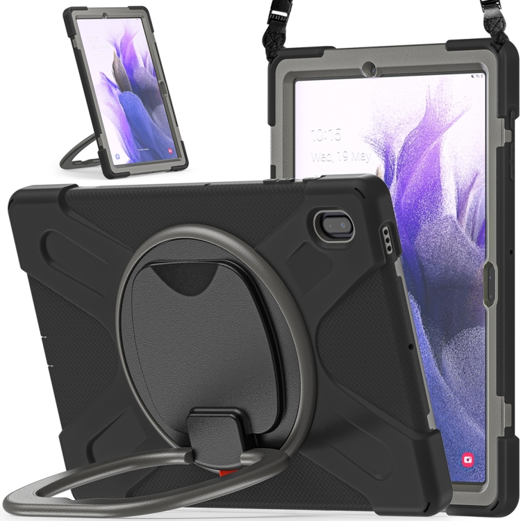 

For Samsung Galaxy Tab S7 FE T730 Silicone + PC Protective Case with Holder & Shoulder Strap(Black+Grey)