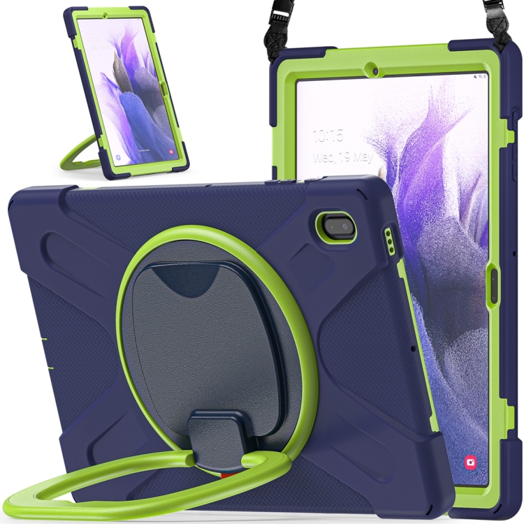 

For Samsung Galaxy Tab S7 FE T730 Silicone + PC Protective Case with Holder & Shoulder Strap(Navy Blue + Lime)