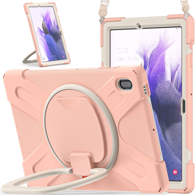 

For Samsung Galaxy Tab S7 FE T730 Silicone + PC Protective Case with Holder & Shoulder Strap(Rose Gold)