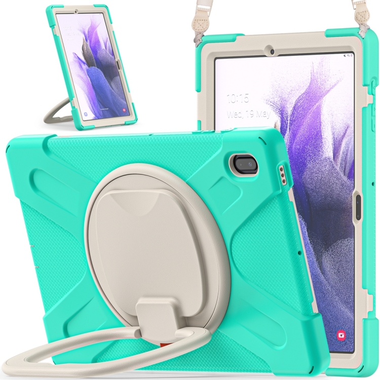 

For Samsung Galaxy Tab S7 FE T730 Silicone + PC Protective Case with Holder & Shoulder Strap(Mint Green)