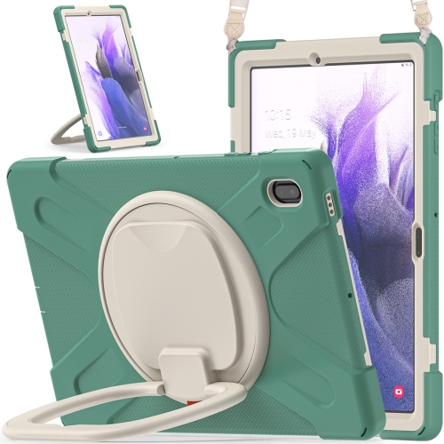 

For Samsung Galaxy Tab S7 FE T730 Silicone + PC Protective Case with Holder & Shoulder Strap(Emerald Green)