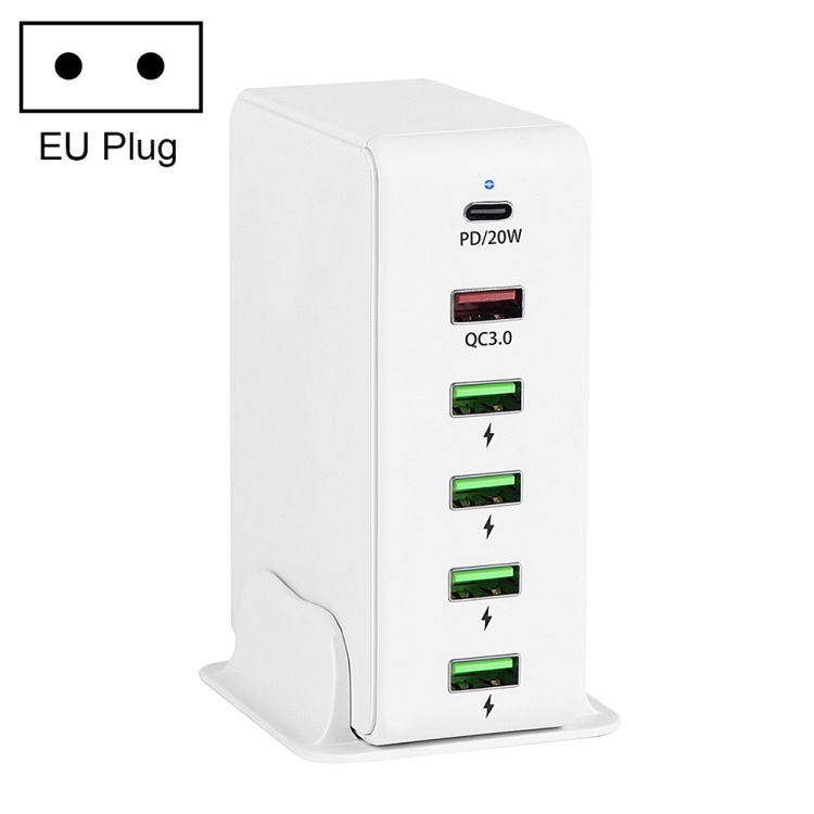 

6 in 1 65W PD USB-C / Type-C + QC 3.0 USB + 4 USB Multi-port Travel Charger, EU Plug(White)