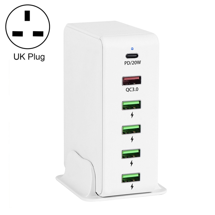 

6 in 1 65W PD USB-C / Type-C + QC 3.0 USB + 4 USB Multi-port Travel Charger, UK Plug(White)