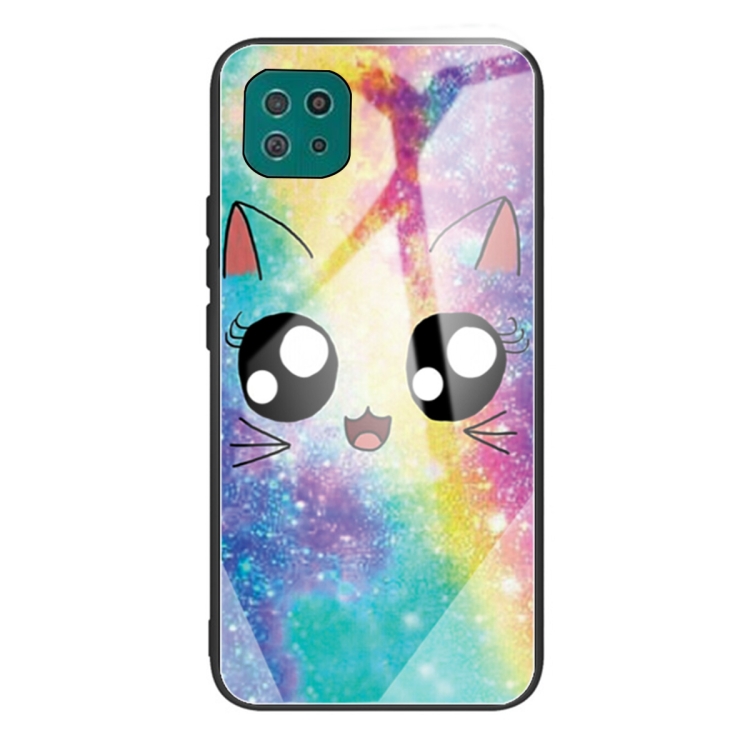 

For Samsung Galaxy A22 5G Colorful Painted Glass Shockproof Protective Case(Big Eyes Animal)
