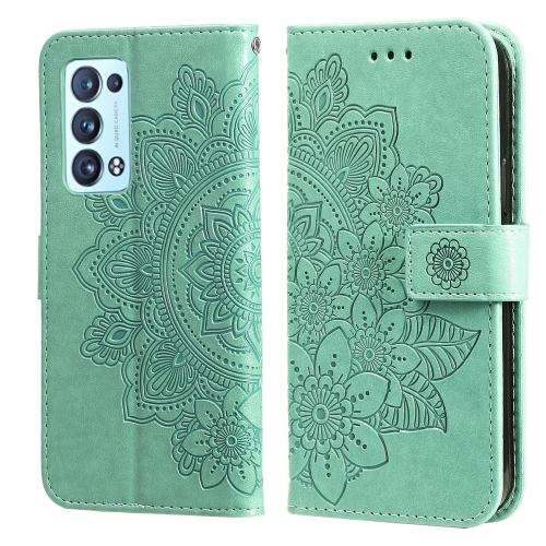 

For OPPO Reno6 5G 7-petal Flowers Embossing Pattern Horizontal Flip PU Leather Case with Holder & Card Slots & Wallet & Photo Frame(Green)