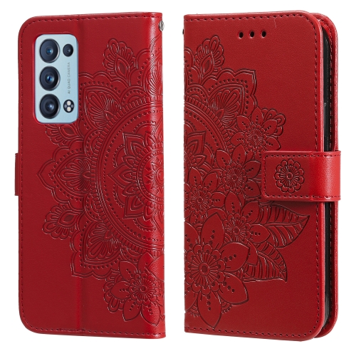 

For OPPO Reno6 5G 7-petal Flowers Embossing Pattern Horizontal Flip PU Leather Case with Holder & Card Slots & Wallet & Photo Frame(Red)