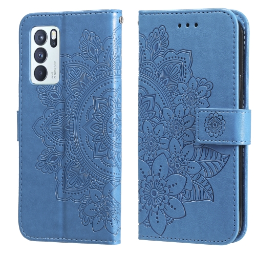 

For OPPO Reno 6 Pro 5G 7-petal Flowers Embossing Pattern Horizontal Flip PU Leather Case with Holder & Card Slots & Wallet & Photo Frame(Blue)