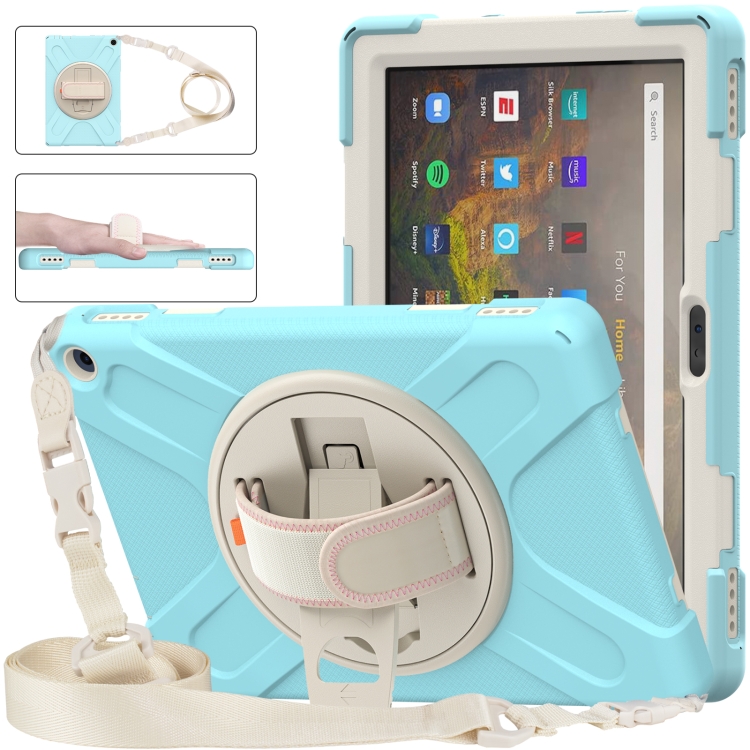 

For Amazon Kindle Fire HD 10 2021 Silicone + PC Protective Case with Holder & Shoulder Strap(Ice Blue)