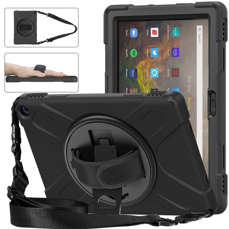 

For Amazon Kindle Fire HD 10 2021 Silicone + PC Protective Case with Holder & Shoulder Strap(Black)