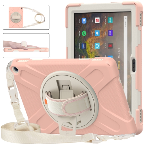 

For Amazon Kindle Fire HD 10 2021 Silicone + PC Protective Case with Holder & Shoulder Strap(Rose Gold)