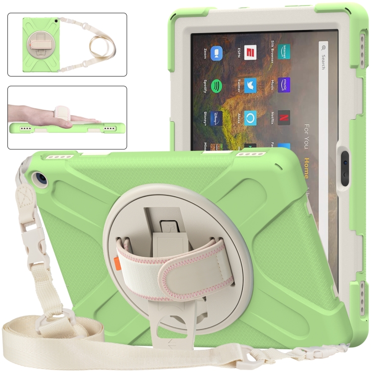 

For Amazon Kindle Fire HD 10 2021 Silicone + PC Protective Case with Holder & Shoulder Strap(Matcha Green)