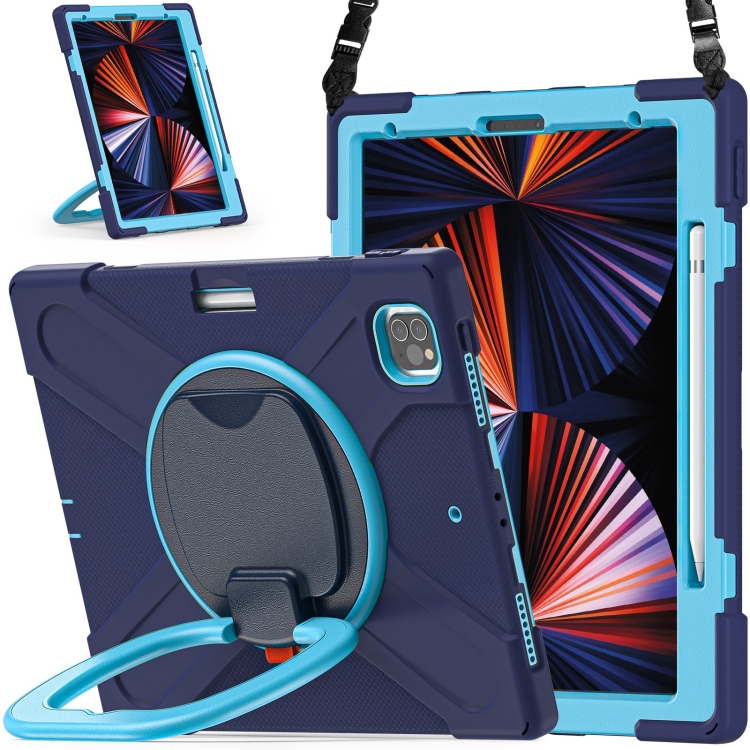 

Silicone + PC Protective Tablet Case with Holder & Shoulder Strap For iPad Pro 12.9 2021(Navy Blue + Blue)