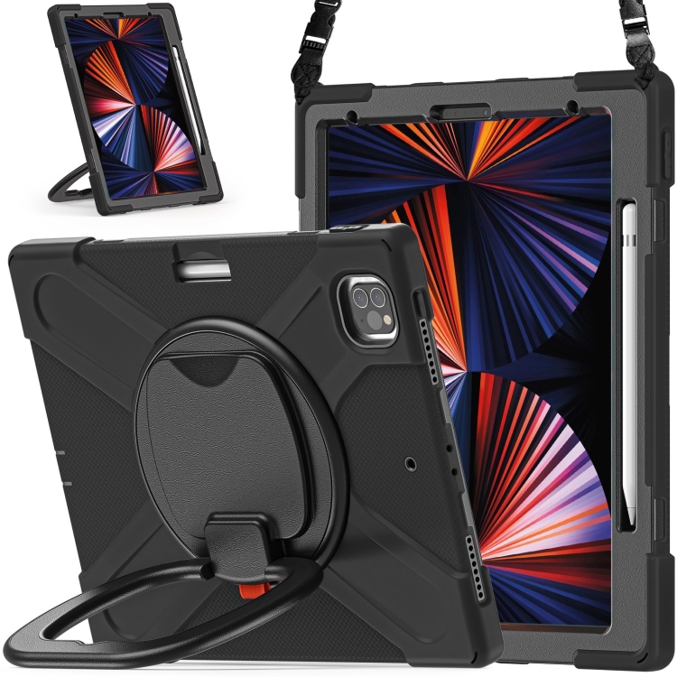 

Silicone + PC Protective Tablet Case with Holder & Shoulder Strap For iPad Pro 12.9 2021(Black+Black)