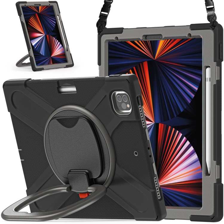 

Silicone + PC Protective Tablet Case with Holder & Shoulder Strap For iPad Pro 12.9 2021(Black+Grey)