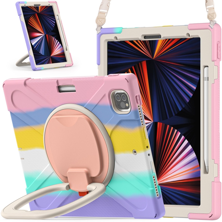 

Silicone + PC Protective Tablet Case with Holder & Shoulder Strap For iPad Pro 12.9 2021(Colorful Pink)