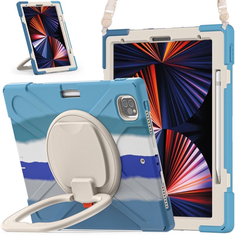 

Silicone + PC Protective Tablet Case with Holder & Shoulder Strap For iPad Pro 12.9 2021(Colorful Blue)