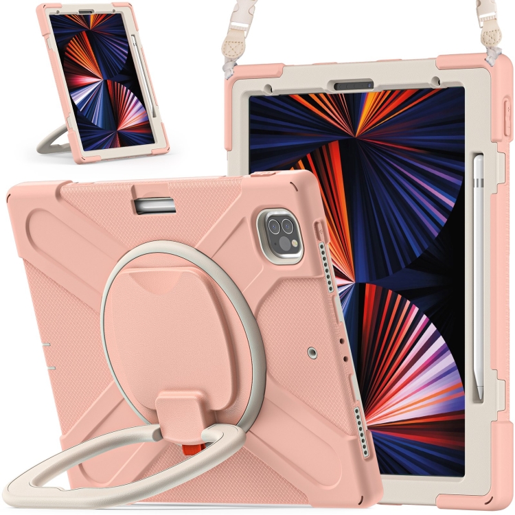 

Silicone + PC Protective Tablet Case with Holder & Shoulder Strap For iPad Pro 12.9 2021(Rose Gold)