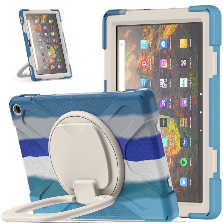 

Silicone + PC Protective Case with Holder & Shoulder Strap For Amazon Kindle Fire HD 10 2021(Colorful Blue)