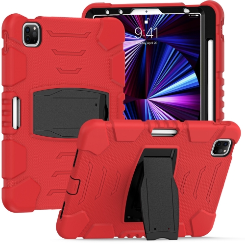 Pour iPad Pro 11 2022/2021/2020/2018 Cadre d'écran de protection à 3  couches + PC + étui combiné antichoc en silicone avec support (rouge + noir)