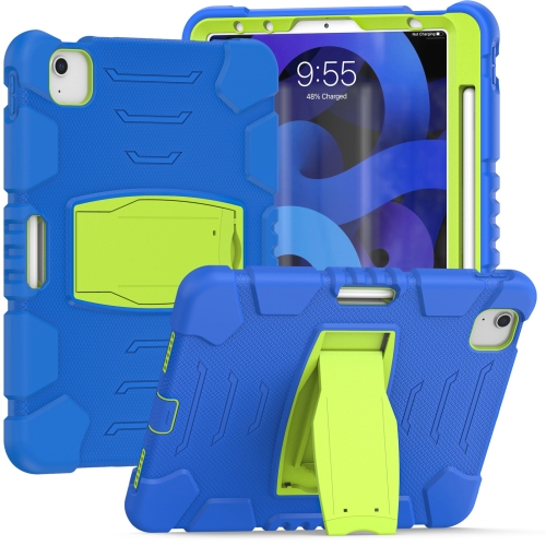 

3-Layer PC + Silicone Shockproof Tablet Case with Holder For iPad Air 2020 10.9(Blue+Lime)