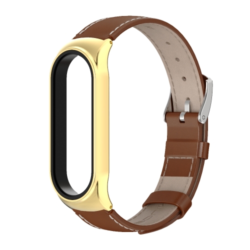 For Xiaomi Mi Band 6 / 5 / 4 / 3 Mijobs CS First Layer Cowhide Replacement Watchband(Brown + Gold)