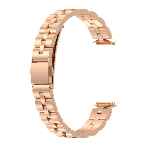 

For Fitbit Luxe Special Edition Three-beads Stainless Steel Flat Buckle Replacement Strap Watchband(Rose Gold)