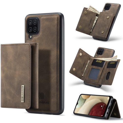 

For Samsung Galaxy A12 5G DG.MING M1 Series 3-Fold Multi Card Wallet + Magnetic Back Cover Shockproof Case with Holder Function(Coffee)