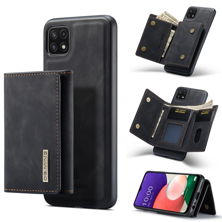 

For Samsung Galaxy A22 5G DG.MING M1 Series 3-Fold Multi Card Wallet + Magnetic Back Cover Shockproof Case with Holder Function(Black)