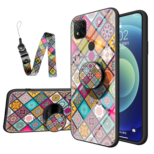 

For Xiaomi Redmi 9C Painted Ethnic Pattern Tempered Glass TPU Shockproof Case with Folding Magnetic Holder & Neck Strap(Checkered)