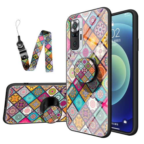 

For Xiaomi Redmi Note 10 Pro Painted Ethnic Pattern Tempered Glass TPU Shockproof Case with Folding Magnetic Holder & Neck Strap(Checkered)