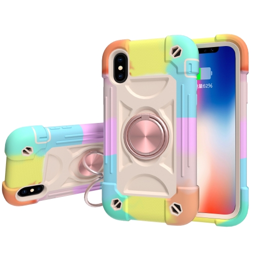 

Shockproof Silicone + PC Protective Case with Dual-Ring Holder For iPhone XS Max(Colorful Rose Gold)