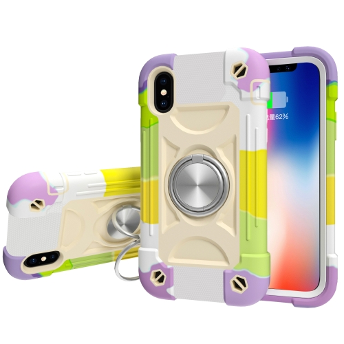 

For iPhone XS Max Shockproof Silicone + PC Protective Case with Dual-Ring Holder(Colorful Beige)