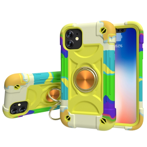 

Shockproof Silicone + PC Protective Case with Dual-Ring Holder For iPhone 11(Colorful Yellow Green)