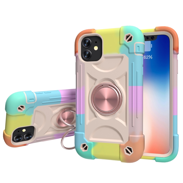 

Shockproof Silicone + PC Protective Case with Dual-Ring Holder For iPhone 11(Colorful Rose Gold)