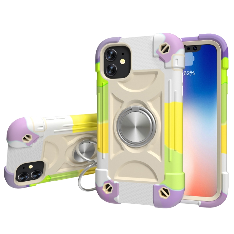 

For iPhone 11 Pro Shockproof Silicone + PC Protective Case with Dual-Ring Holder (Colorful Beige)
