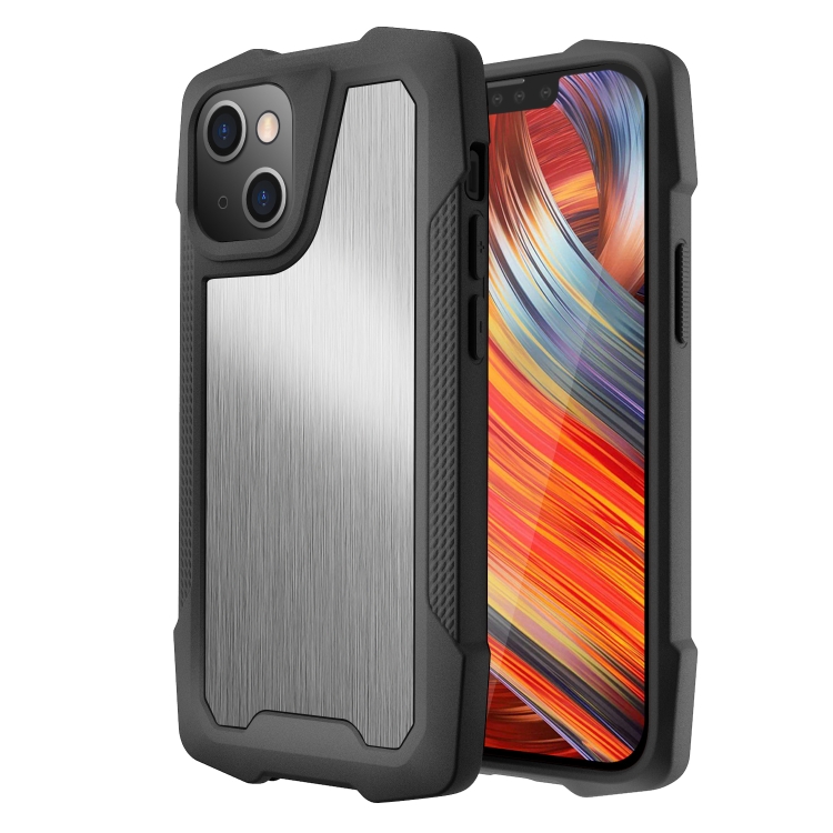 

Stainless Steel Metal PC Back Cover + TPU Heavy Duty Armor Shockproof Case For iPhone 13 mini(Brush Silver)