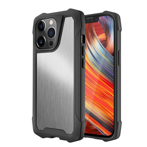 

Stainless Steel Metal PC Back Cover + TPU Heavy Duty Armor Shockproof Case For iPhone 13 Pro(Brush Silver)