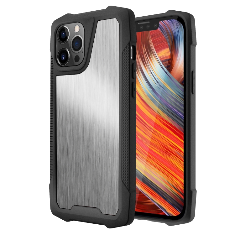 

Stainless Steel Metal PC Back Cover + TPU Heavy Duty Armor Shockproof Case For iPhone 13 Pro Max(Brush Silver)