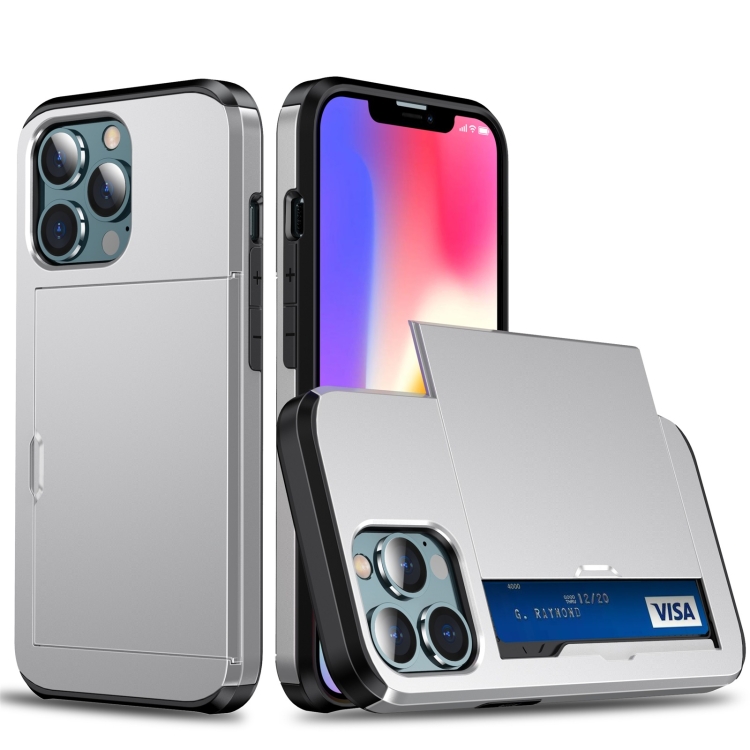 

For iPhone 13 mini Shockproof Armor Protective Case with Slide Card Slot (Silver)