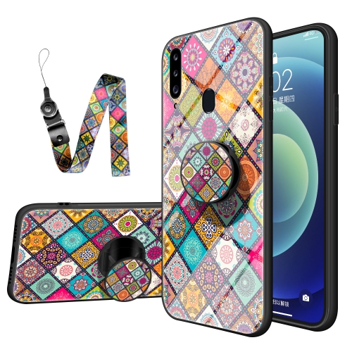 

For Samsung Galaxy A20s Painted Ethnic Pattern Tempered Glass TPU Shockproof Case with Folding Magnetic Holder & Neck Strap(Checkered)
