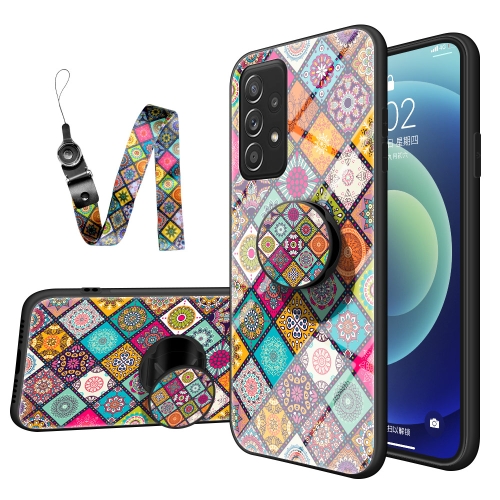 

For Samsung Galaxy A52 Painted Ethnic Pattern Tempered Glass TPU Shockproof Case with Folding Magnetic Holder & Neck Strap(Checkered)