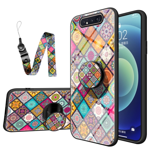 

For Samsung Galaxy A80 / A90 Painted Ethnic Pattern Tempered Glass TPU Shockproof Case with Folding Magnetic Holder & Neck Strap(Checkered)